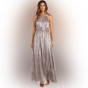 🌟NWT Nightway Metallic Pink Purple Silver Pleated Halter Maxi Formal Dress Sz 8P